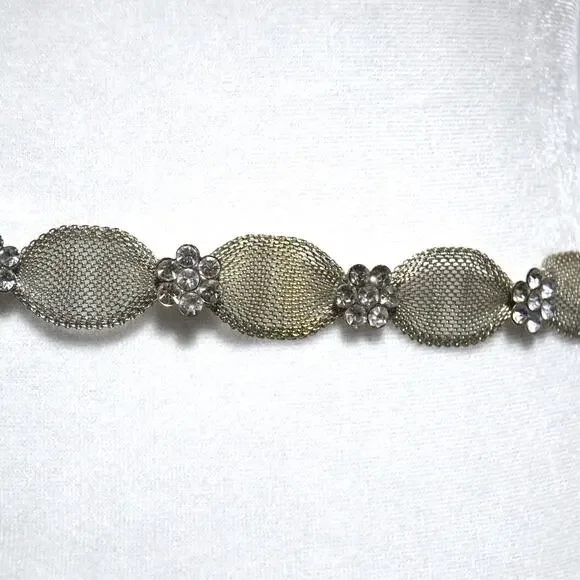 Silver Mesh Metal & Rhinestone Floral Belt Bridal